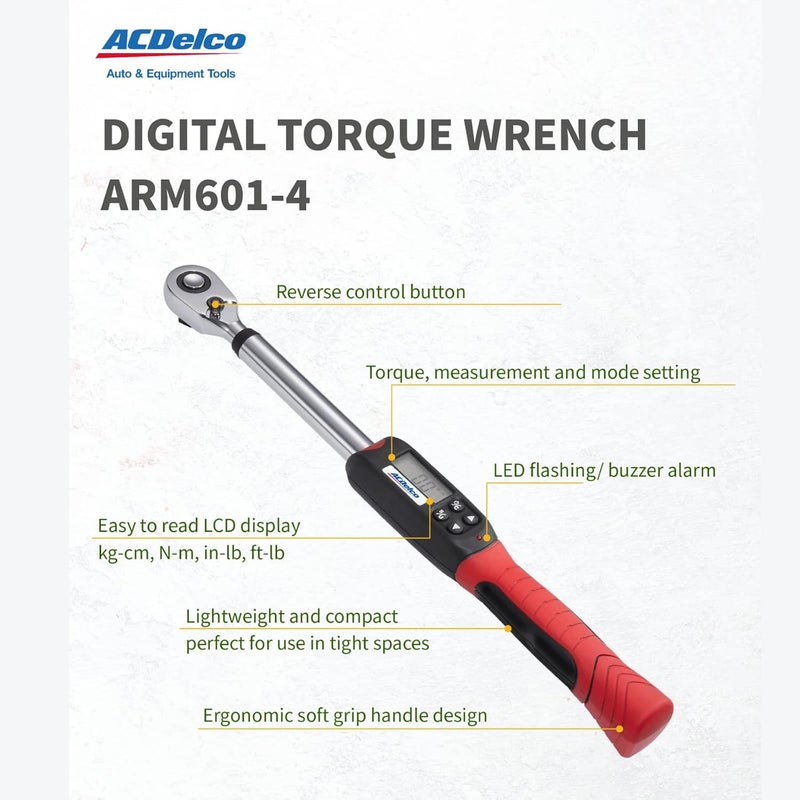 ACDelco Tools ACDelco ARM601-4 1/2” (14.8 to 147.5 ft-lbs.) Heavy Duty Digital Torque Wrench with Buzzer and LED Flash Notification – ISO 6789 Standards with Certificate of Calibration - Image 2